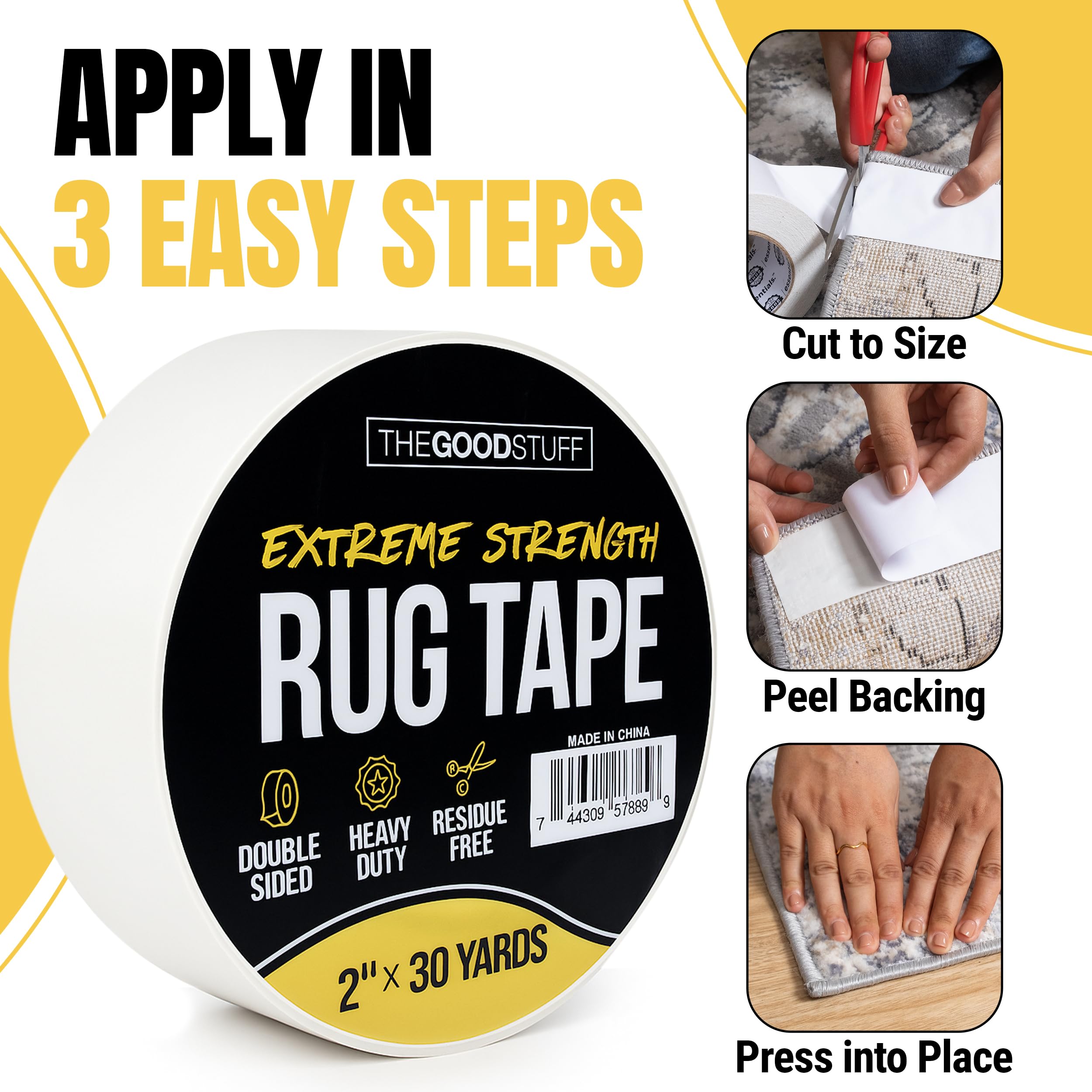 The Good Stuff being applied to a hardwood floor, demonstrating stable rug placement benefit