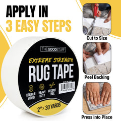 The Good Stuff being applied to a hardwood floor, demonstrating stable rug placement benefit