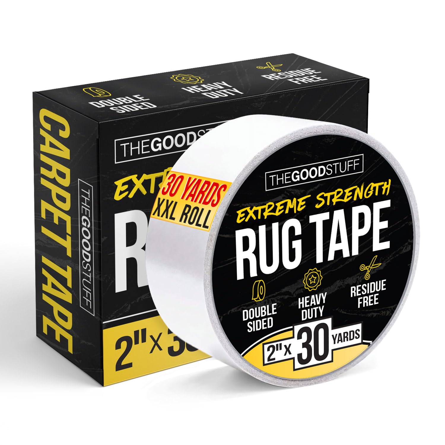 The Good Stuff front packaging showing roll and brand, clearly displays tape for secure rugs