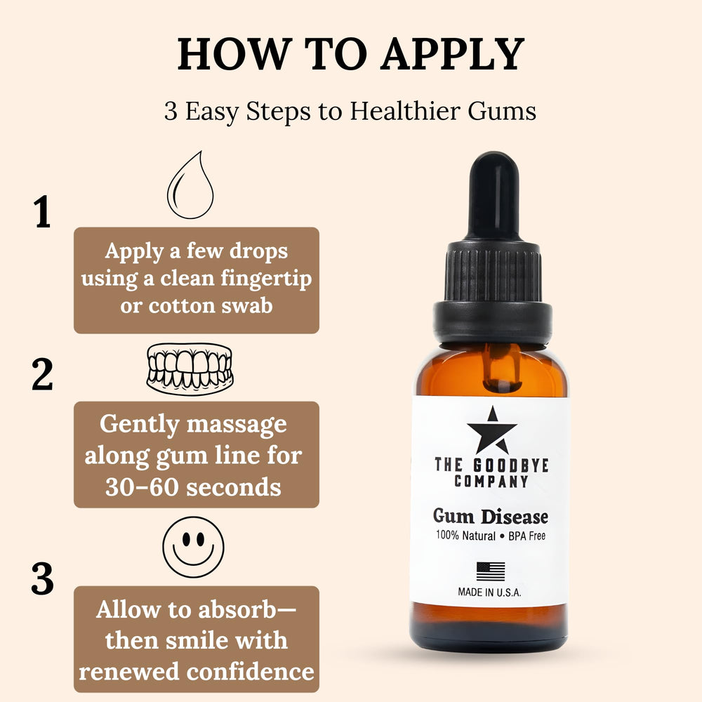 Application image of The Goodbye Company oil on gums demonstrating targeted massage benefit