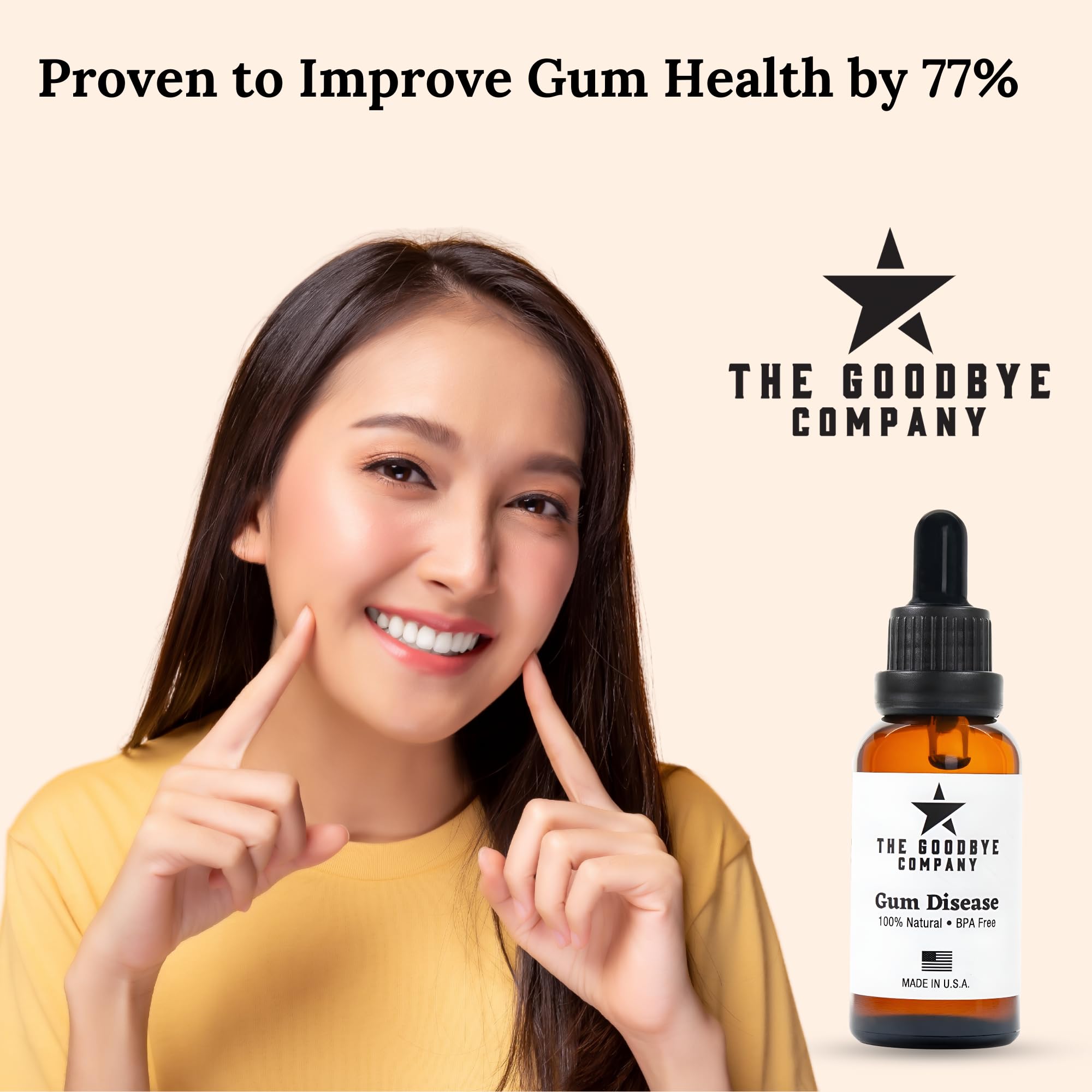Lifestyle bathroom scene with The Goodbye Company bottle supporting daily oral routine