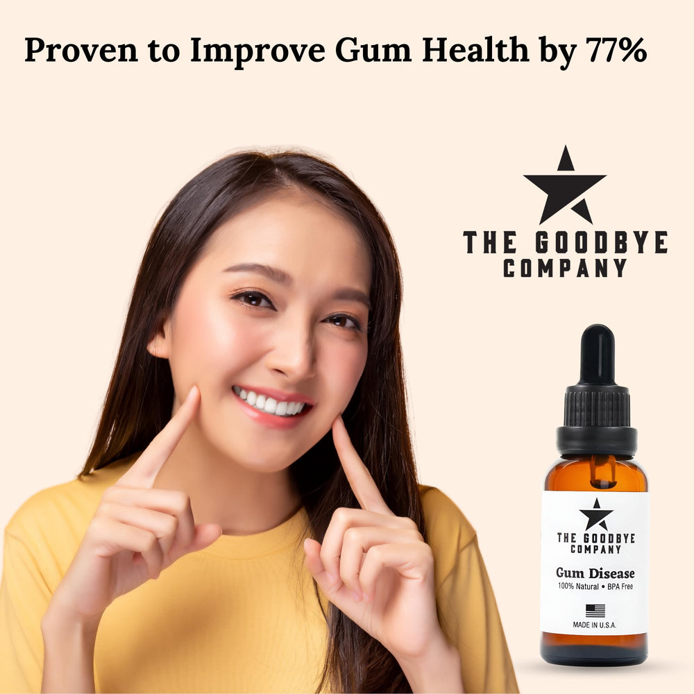 Lifestyle bathroom scene with The Goodbye Company bottle supporting daily oral routine