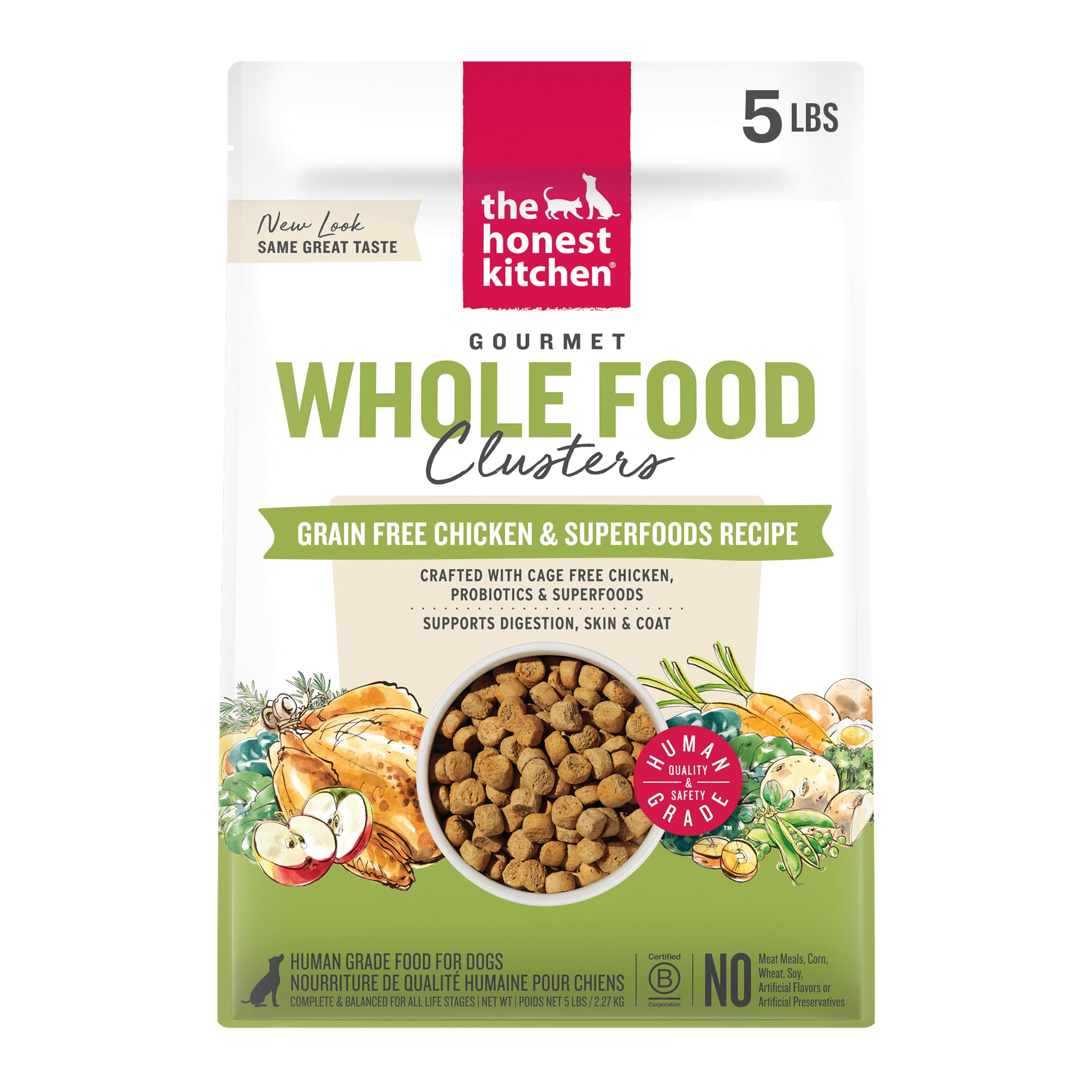 The Honest Kitchen 5 lb bag front view showing human grade branding and benefits