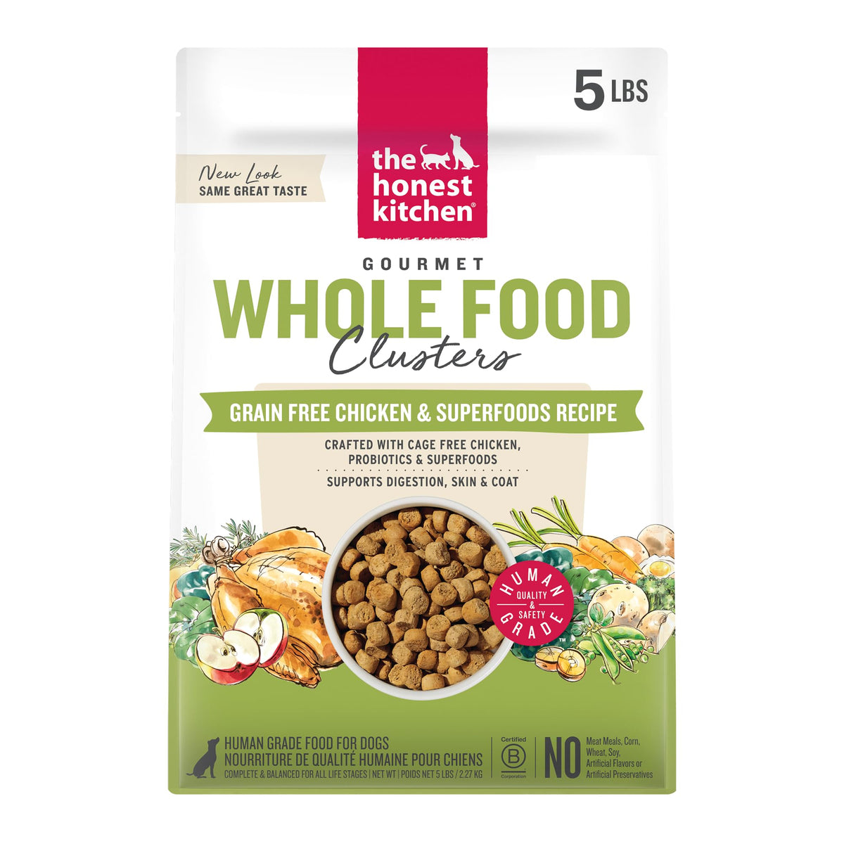 The Honest Kitchen 5 lb bag front view showing human grade branding and benefits