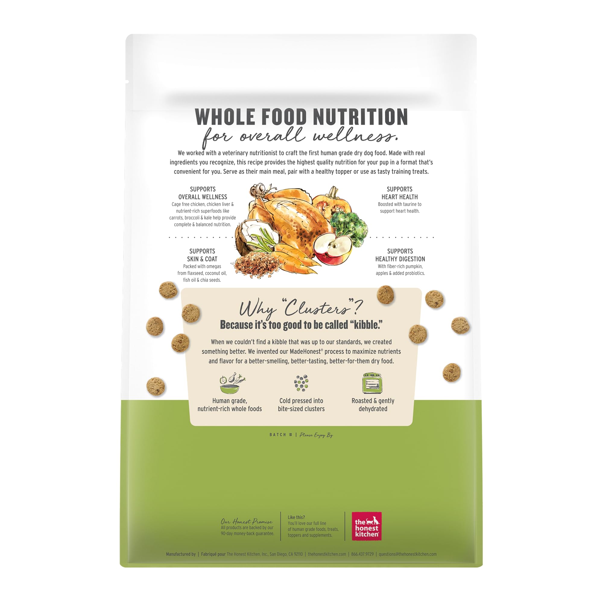 The Honest Kitchen whole ingredients spread of chicken, pumpkin, kale for transparency