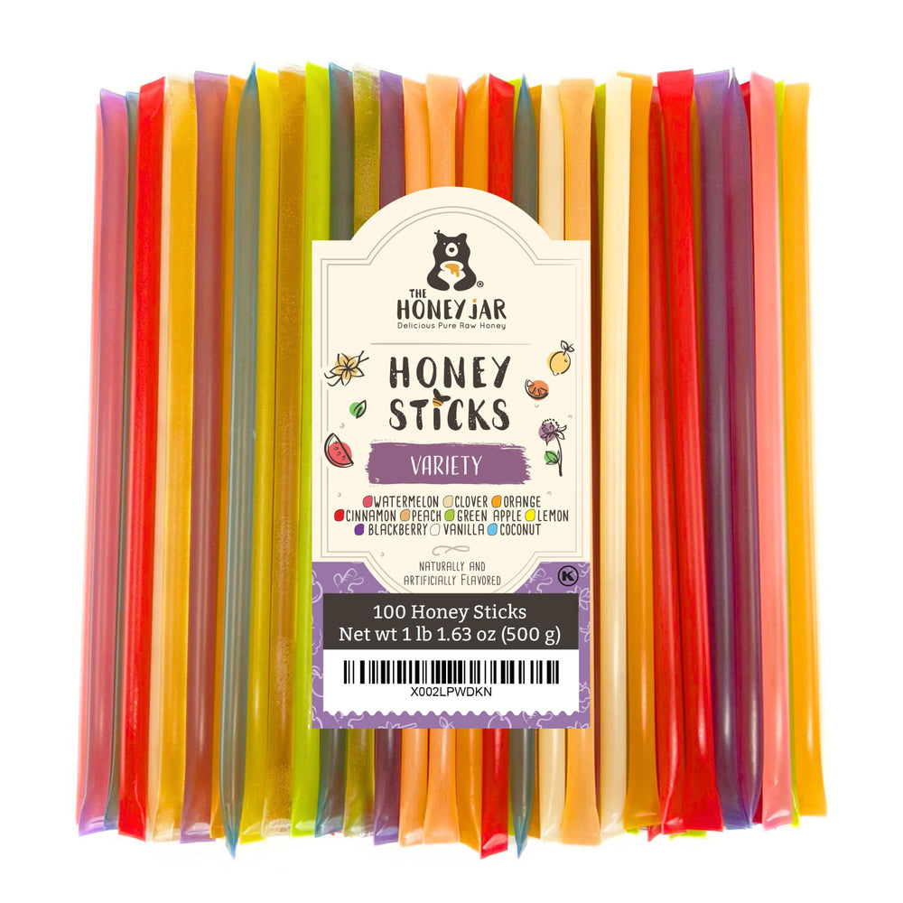 The Honey Jar front packaging showing variety pack and count, highlights convenience