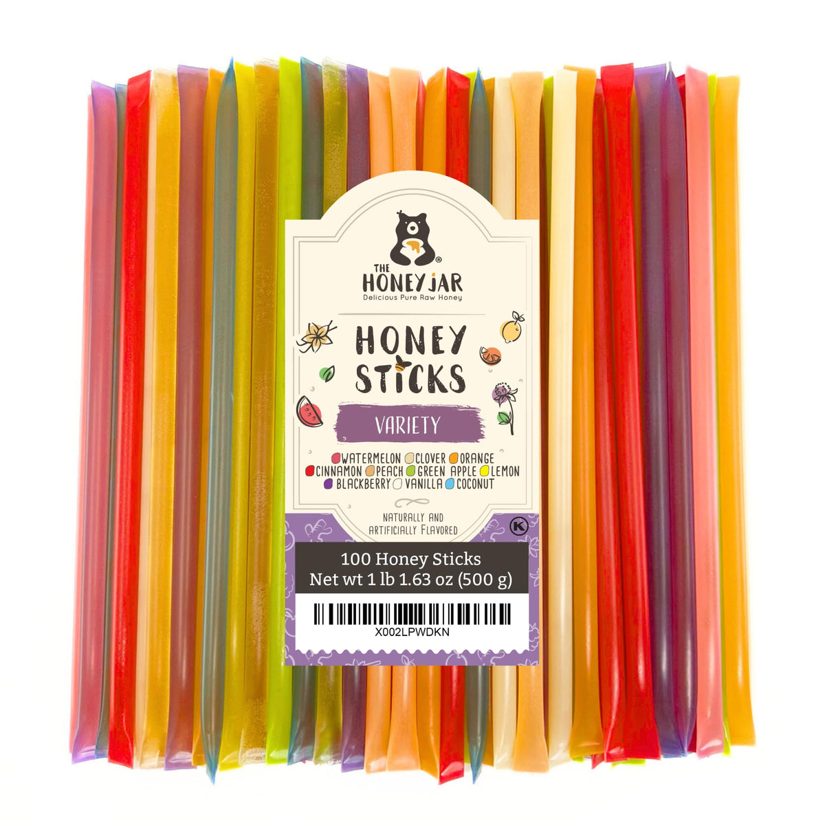 The Honey Jar front packaging showing variety pack and count, highlights convenience