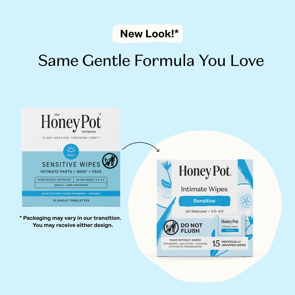 Individually wrapped The Honey Pot Company wipe emphasizing hygienic convenience