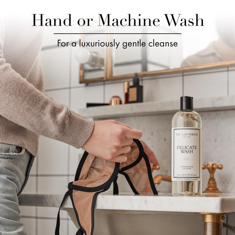 Mesh bag and Delicate Wash showing safe machine care for lingerie
