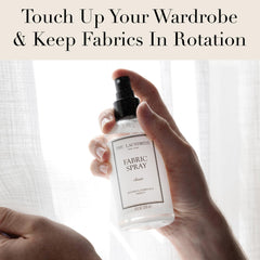 The Laundress on fabric before and after demonstrating visible wrinkle relaxation and fresher look