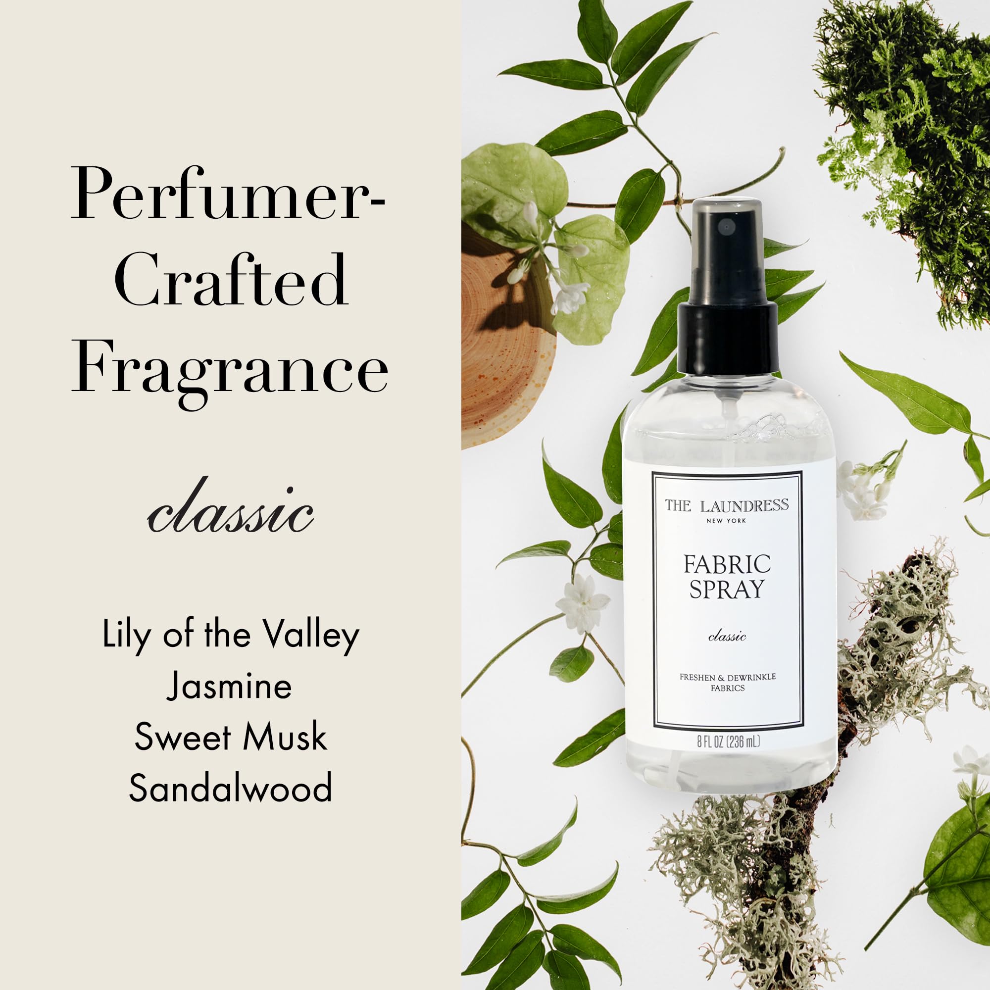 The Laundress being misted from a hand to fabric showing quick on-the-go wrinkle release