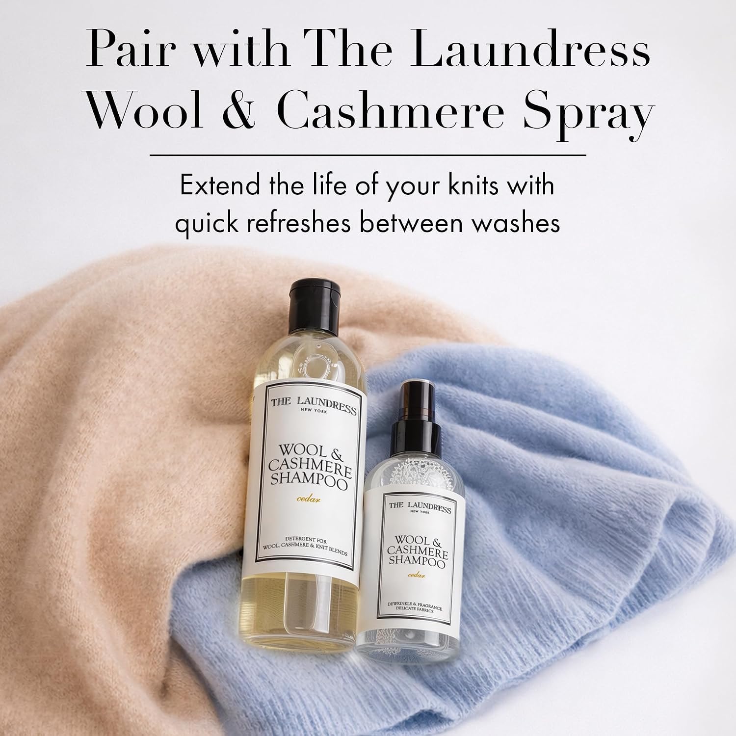 The Laundress spray shown with travel essentials for on-the-go garment care