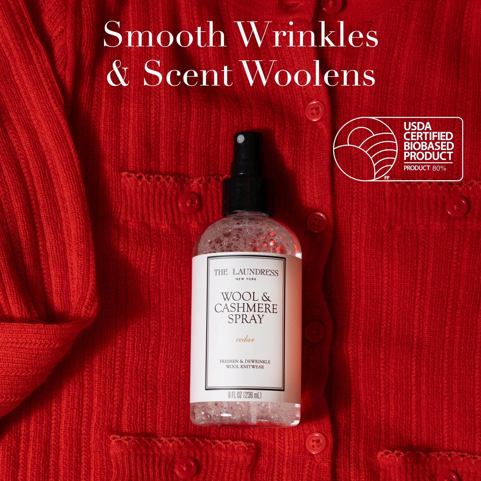 The Laundress misting spray in action refreshing a wool sweater for freshness
