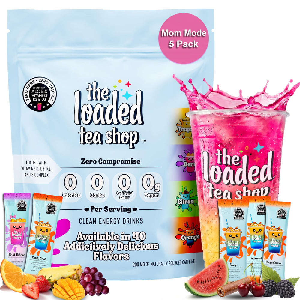 The Loaded Tea Shop front packaging showing Mom Mode benefits