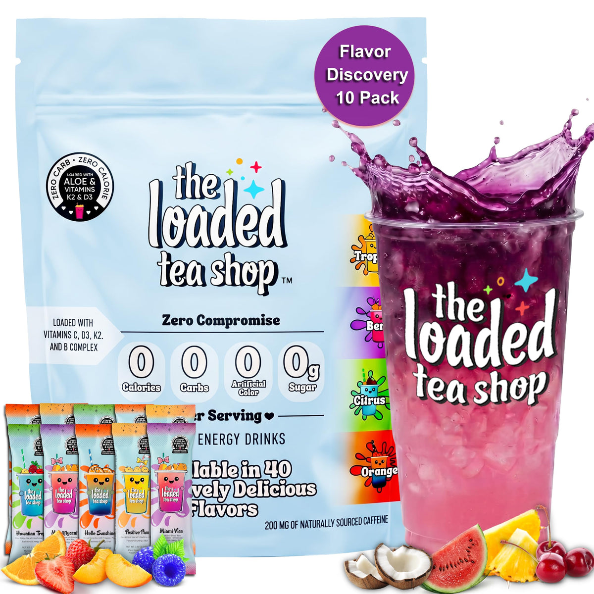 The Loaded Tea Shop front packaging showing flavor discovery ten-pack and convenience