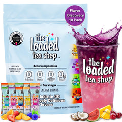 The Loaded Tea Shop front packaging showing flavor discovery ten-pack and convenience