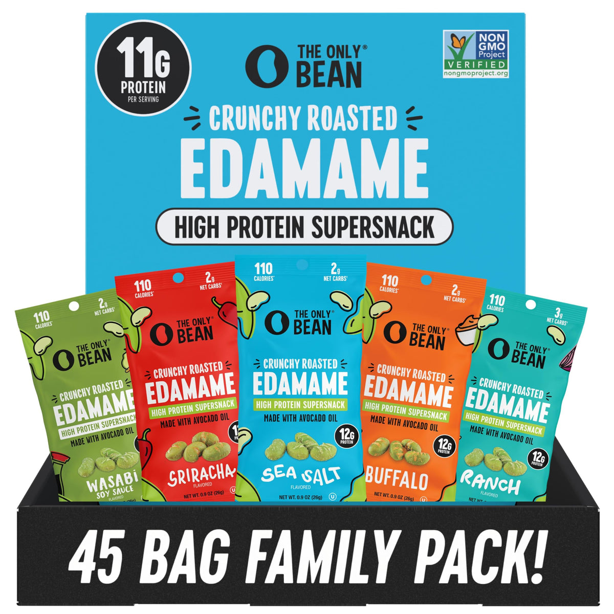 The Only Bean front packaging of 45-pack showcasing variety and convenience