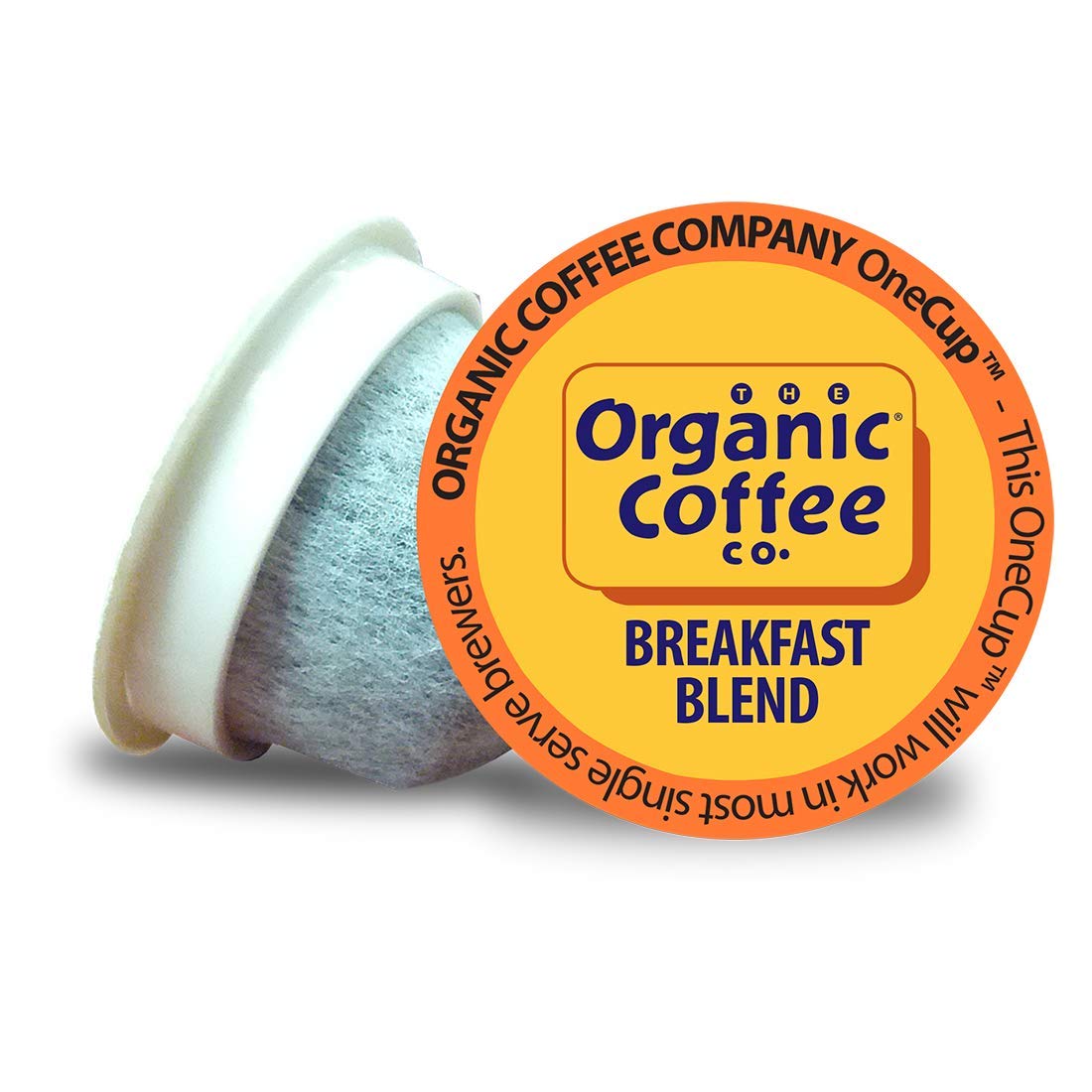 The Organic Coffee Co. front packaging showing breakfast blend and compostable pods benefit convenience