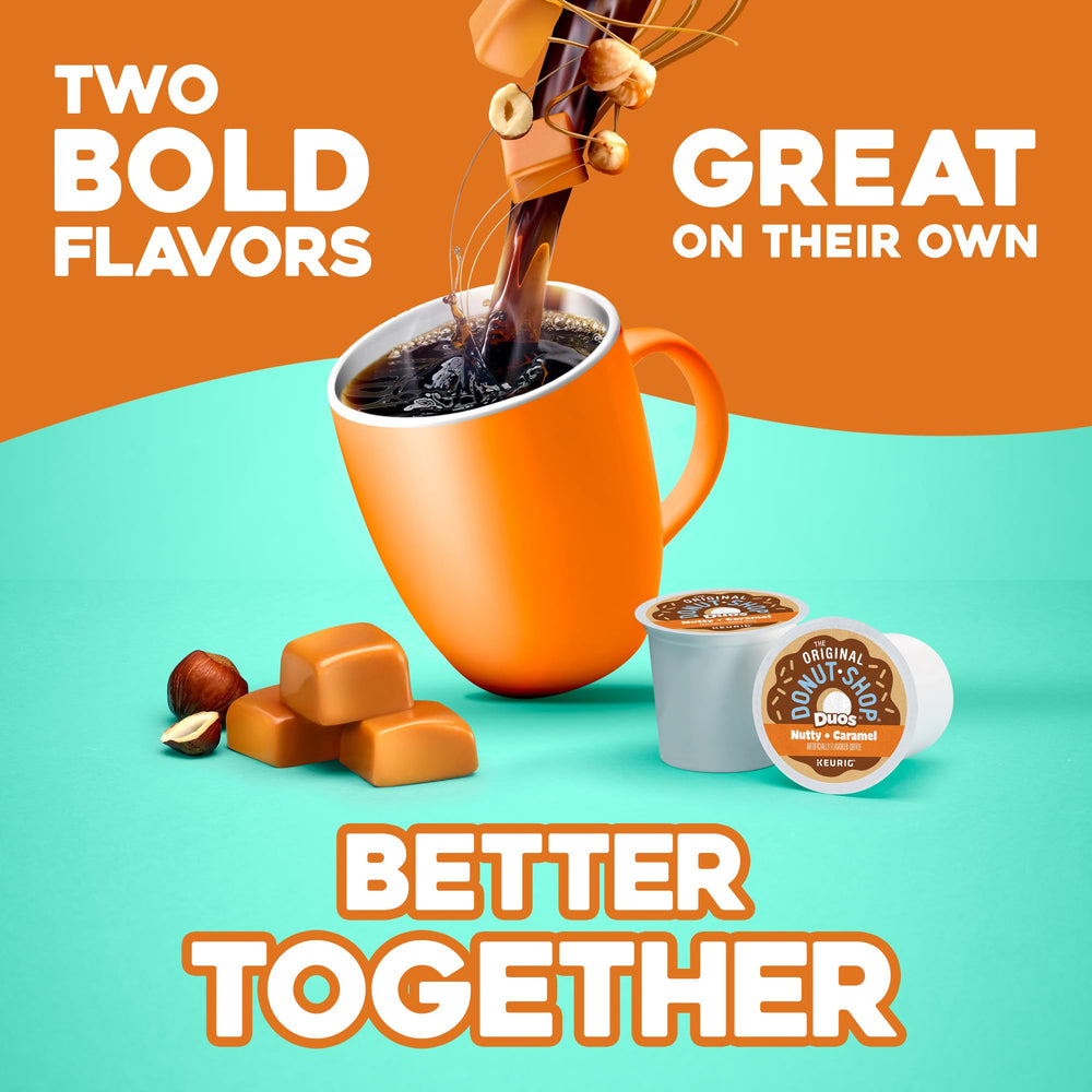K-Cup inserted into a Keurig with pouring stream showing The Original Donut Shop easy use