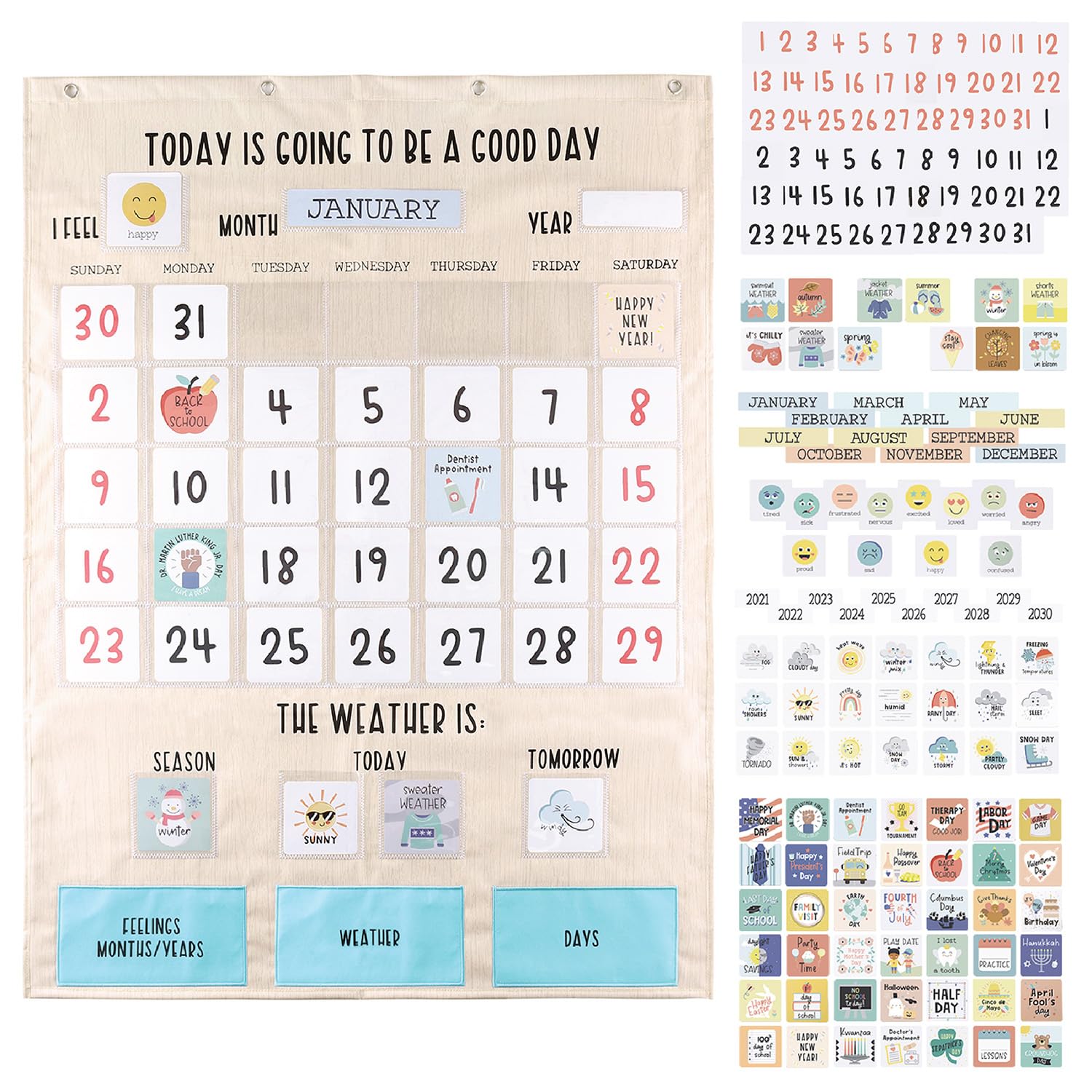 The Peanutshell front view of colorful learning calendar showing pockets and labels for routine