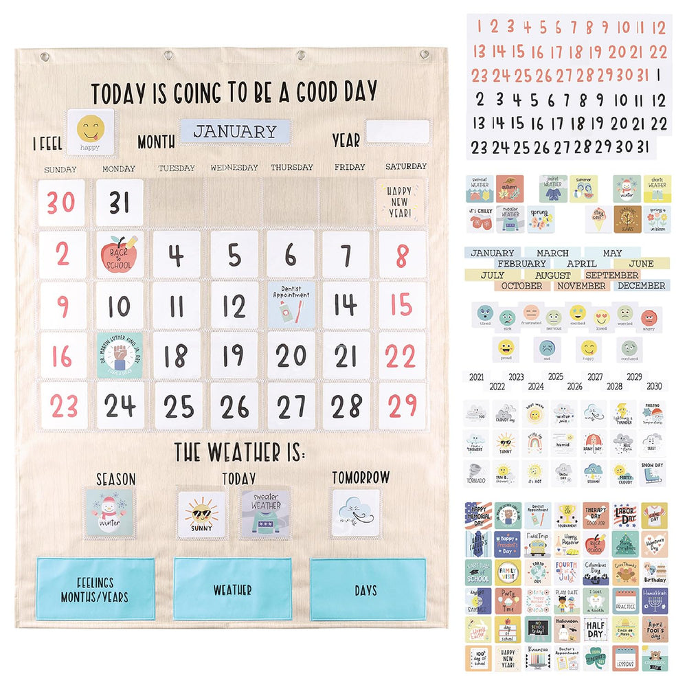 The Peanutshell front view of colorful learning calendar showing pockets and labels for routine