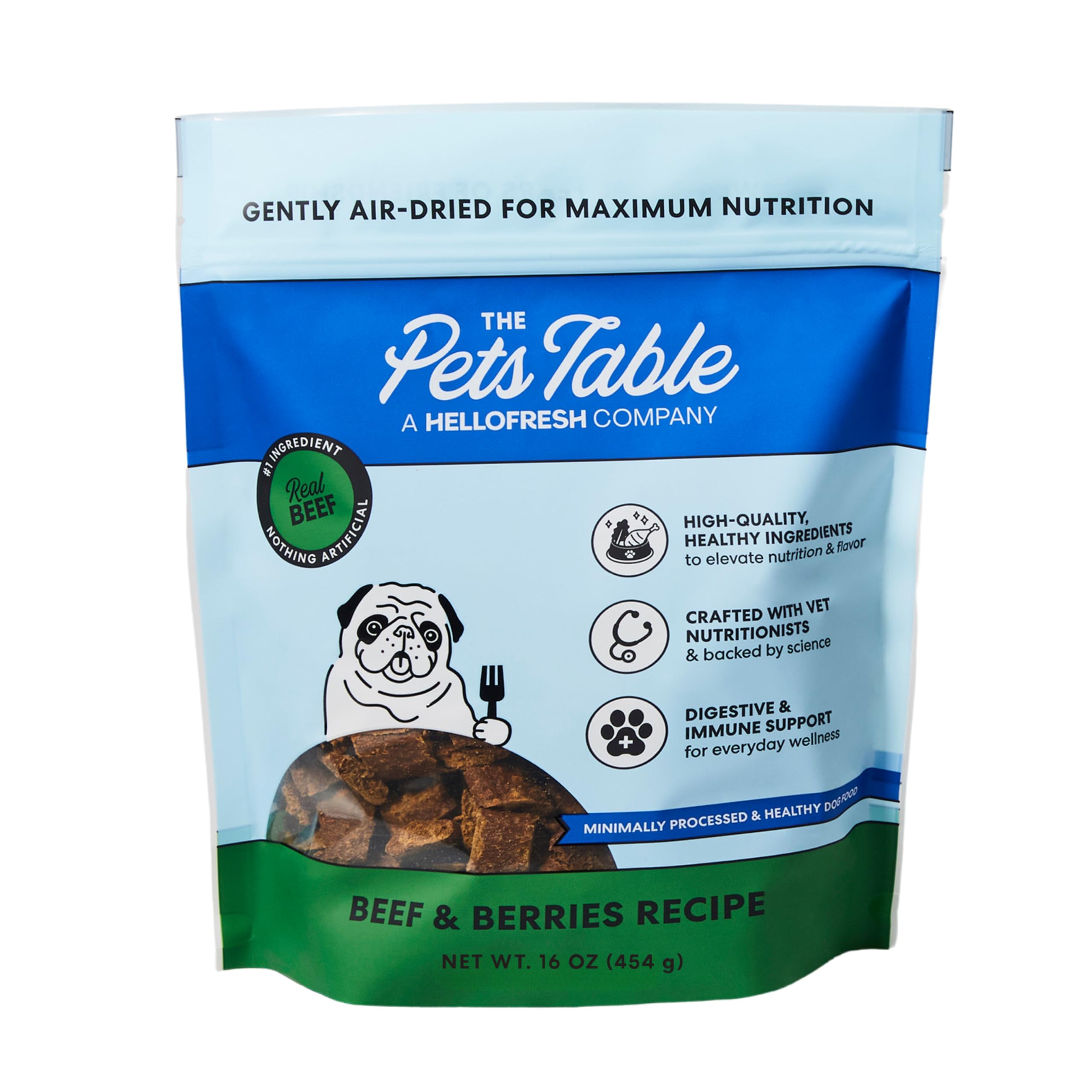 The Pets Table front pack view showing beef and berries and clear branding benefit