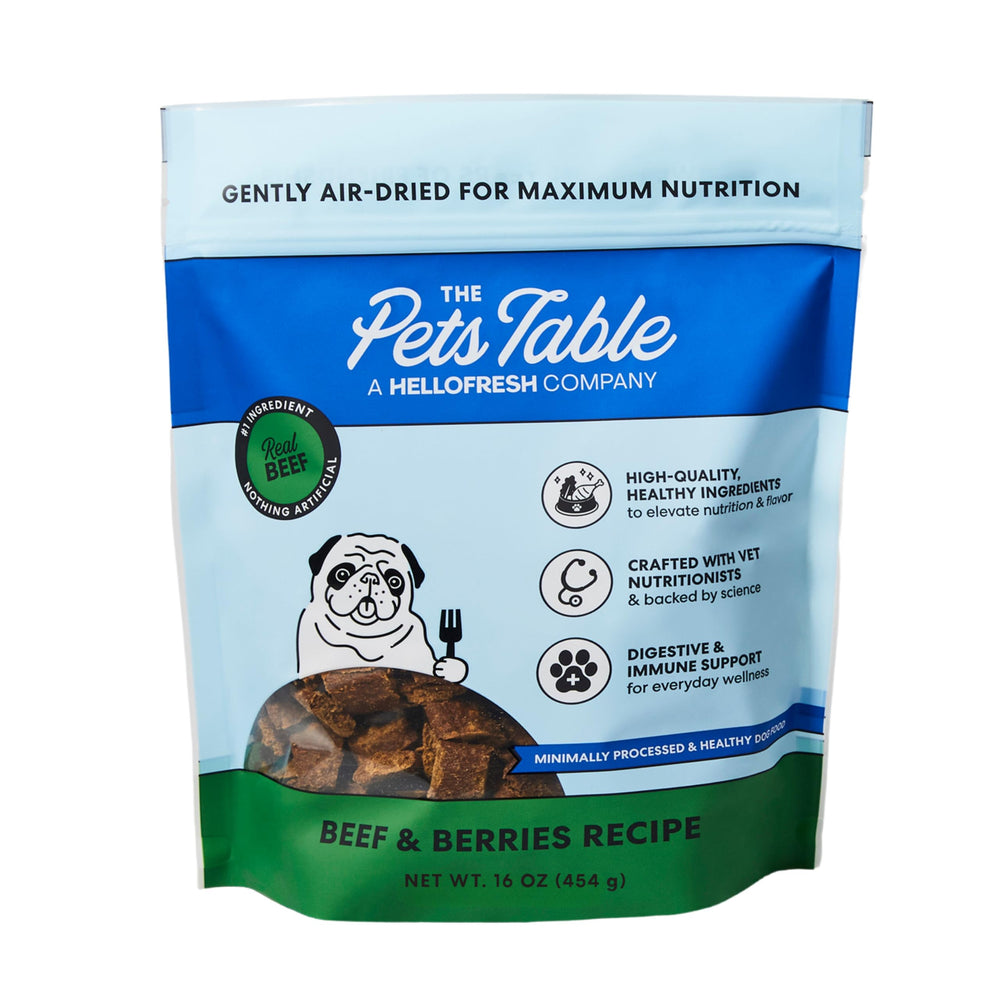 The Pets Table front pack view showing beef and berries and clear branding benefit