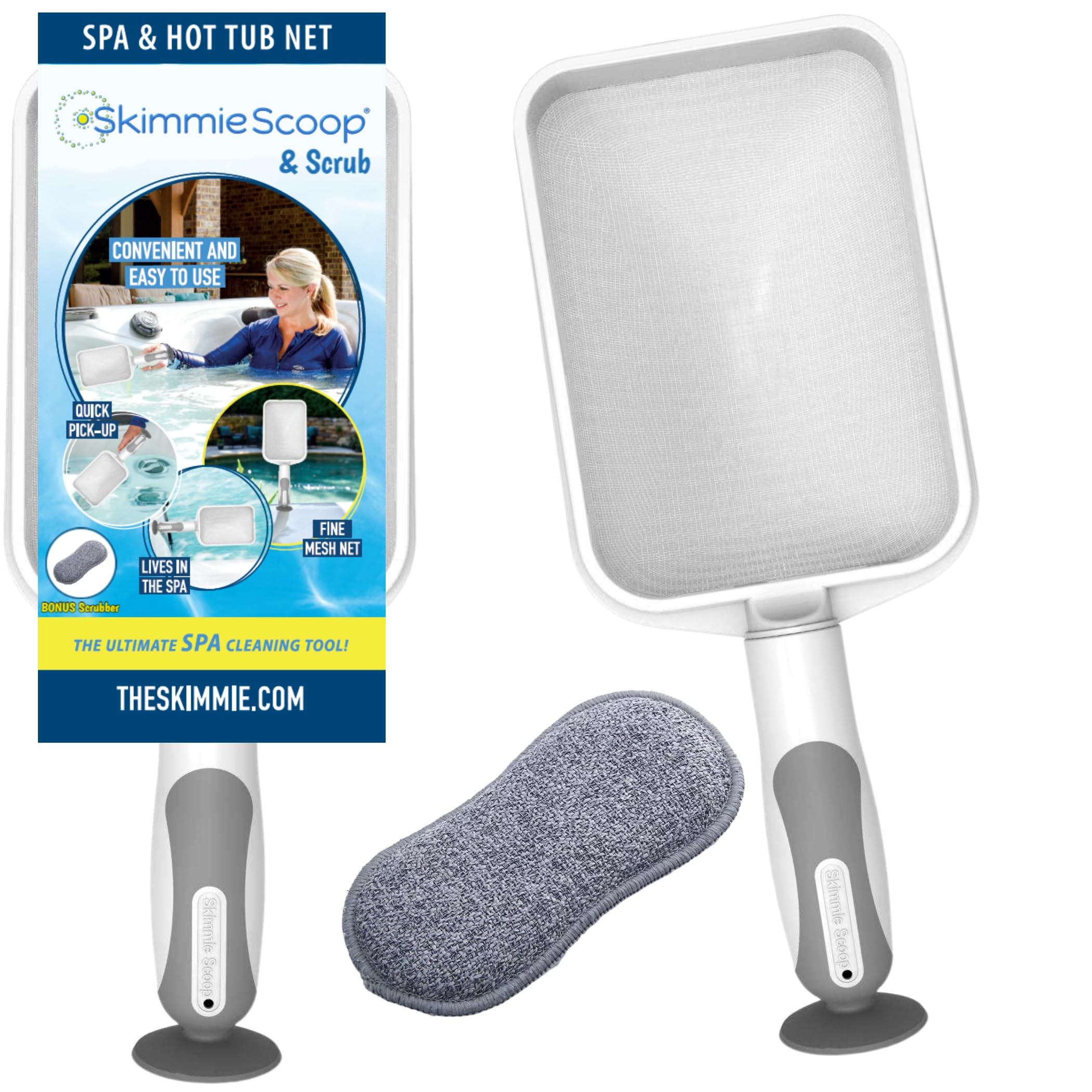 The Skimmie front view showing compact skimmer design and quick debris removal