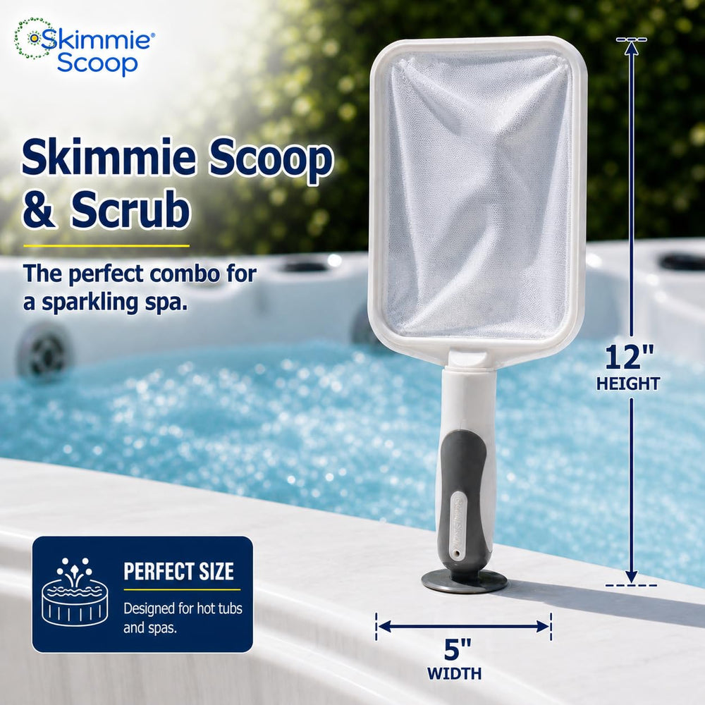 The Skimmie scooping surface debris from a spa for cleaner water