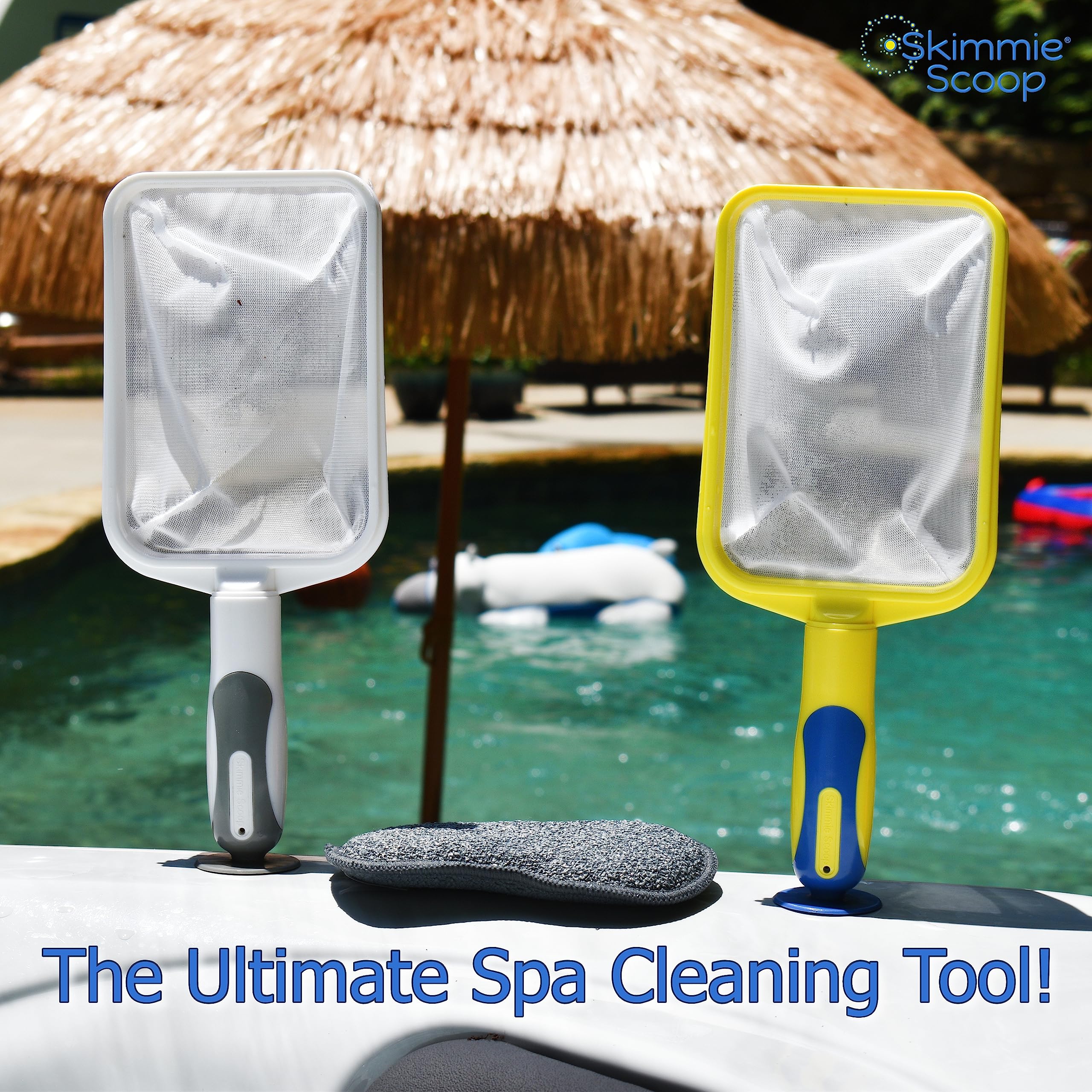 The Skimmie on spa edge in lifestyle setting for effortless maintenance