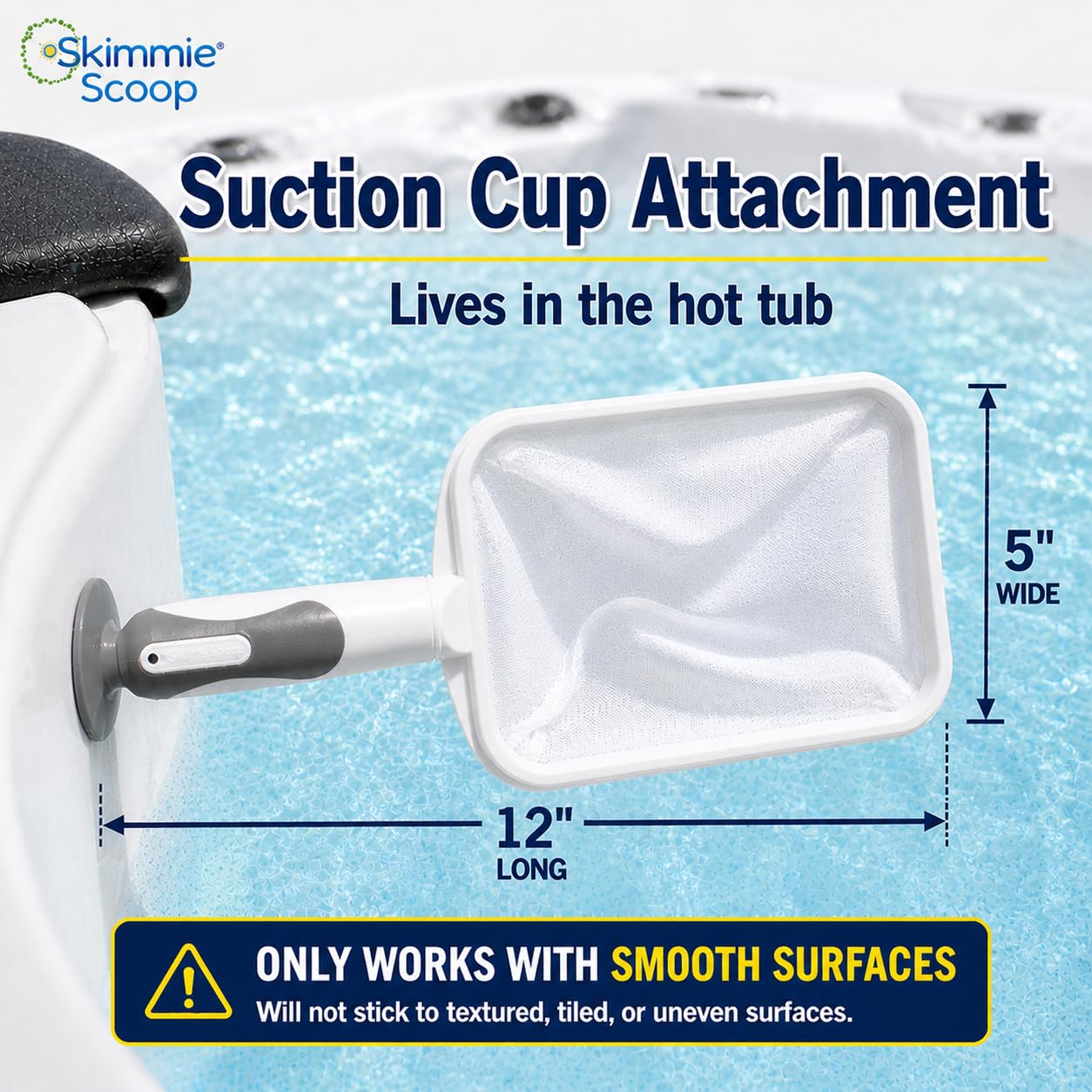 The Skimmie suction cup handle attached to smooth wall for easy storage