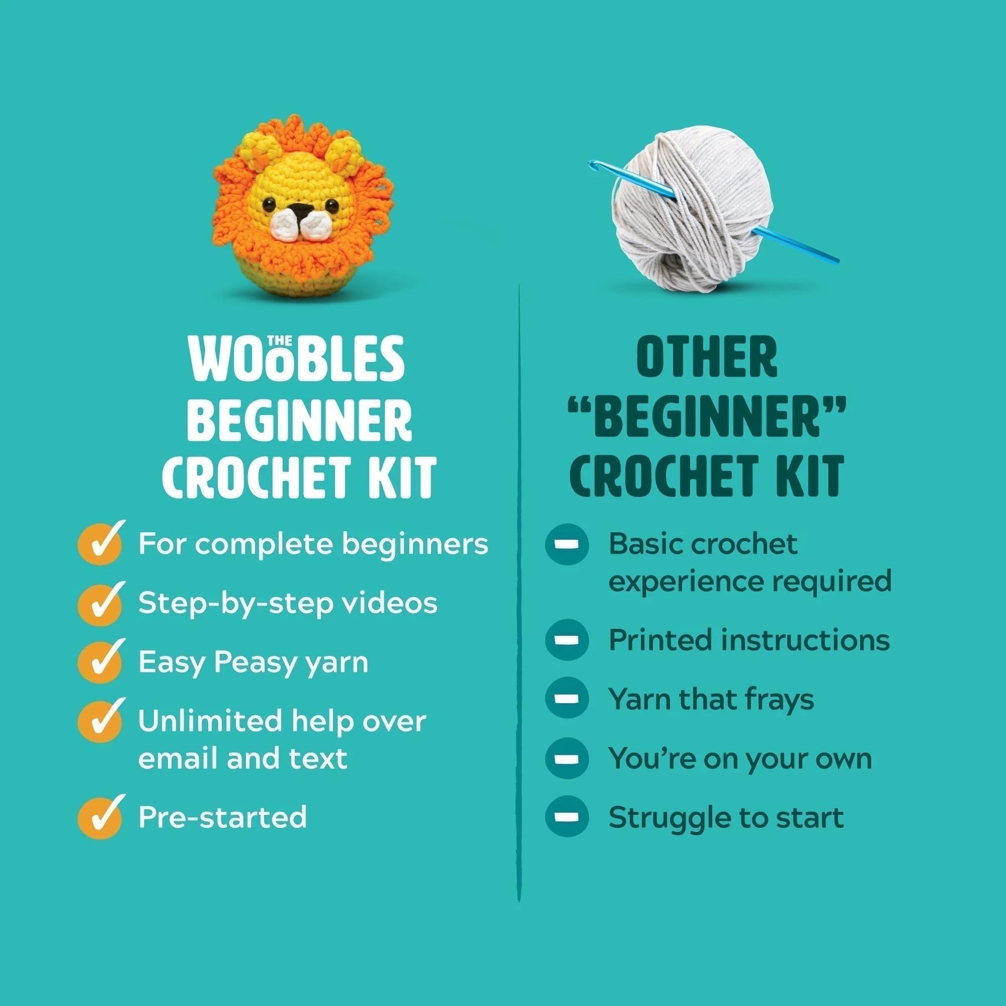 Hands crocheting Felix the Fox with The Woobles kit showing confidence-building benefit