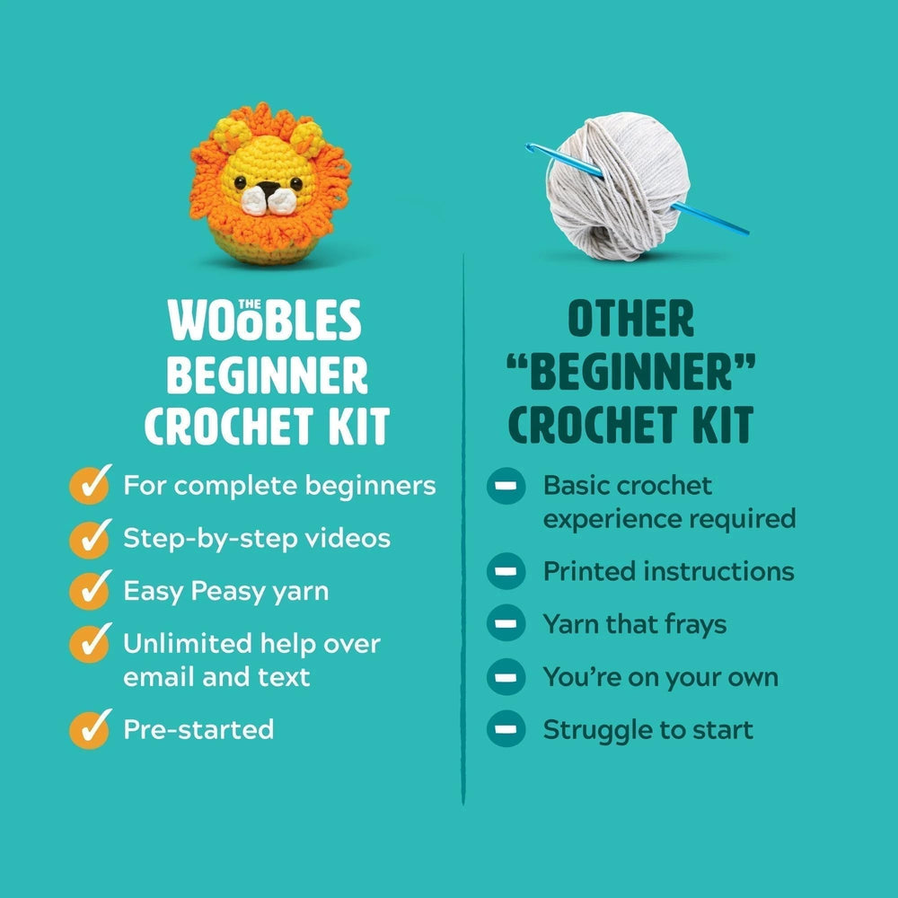 Hands crocheting Felix the Fox with The Woobles kit showing confidence-building benefit