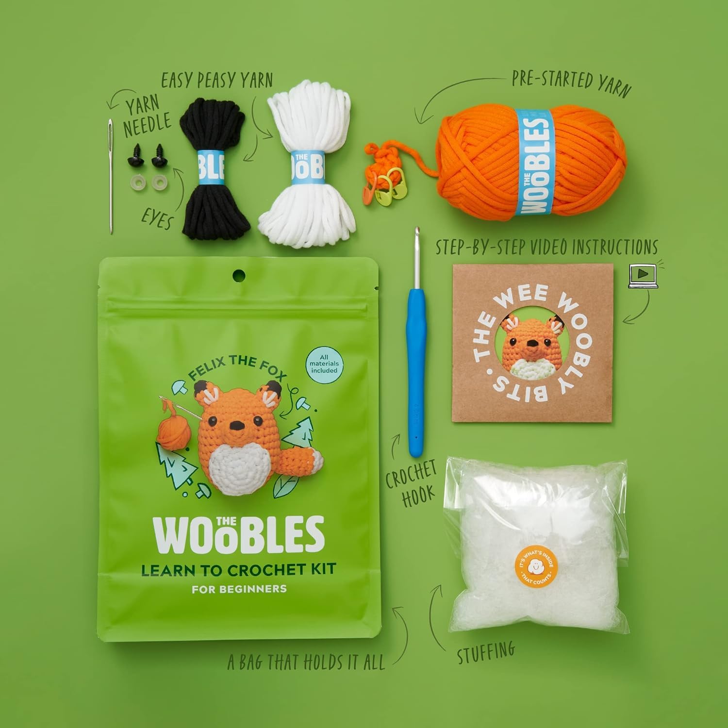 The Woobles safety eyes and tapestry needle close-up for secure assembly benefit