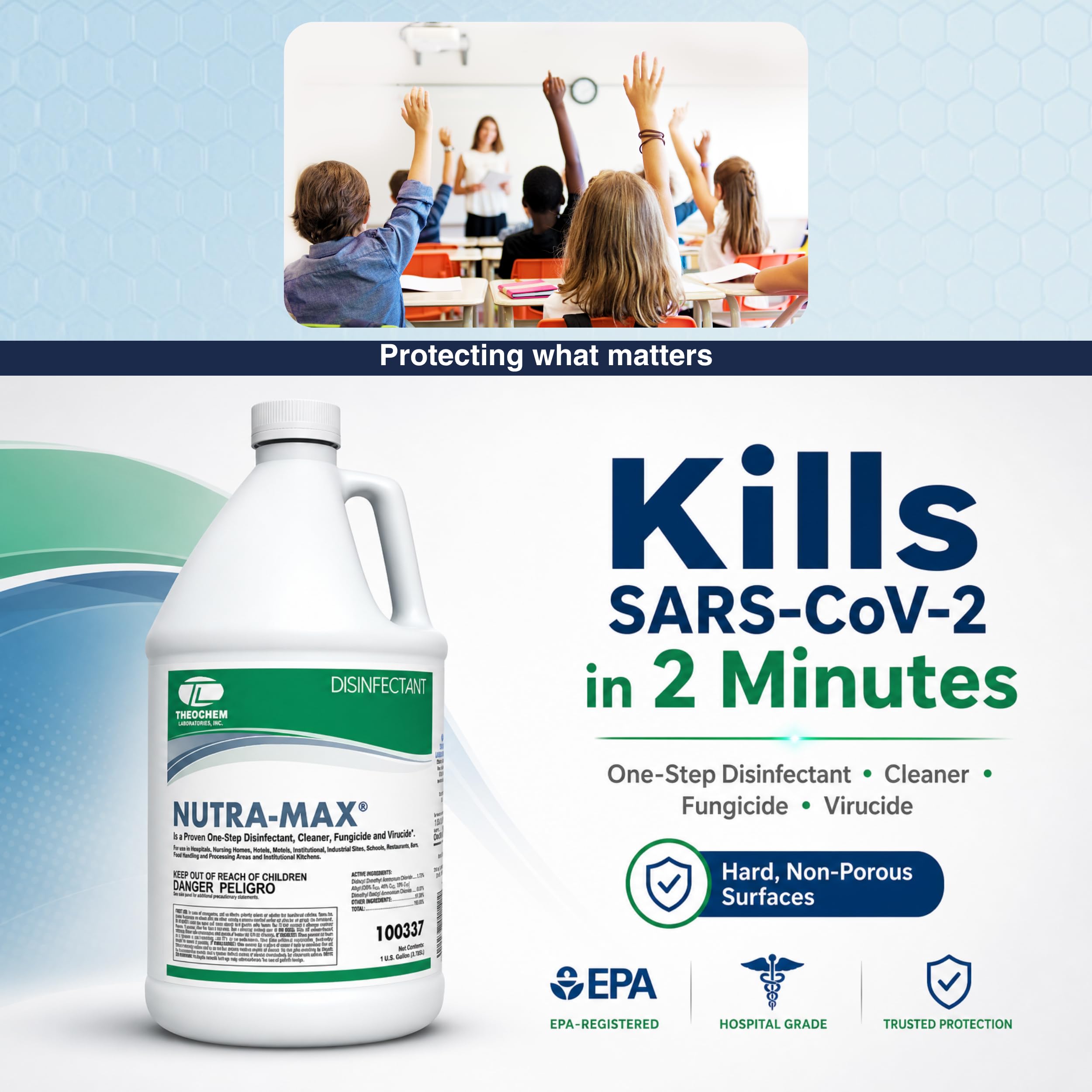 Theochem Nutra-Max diluted in a mop bucket demonstrating safe floor cleaning and neutral pH benefit