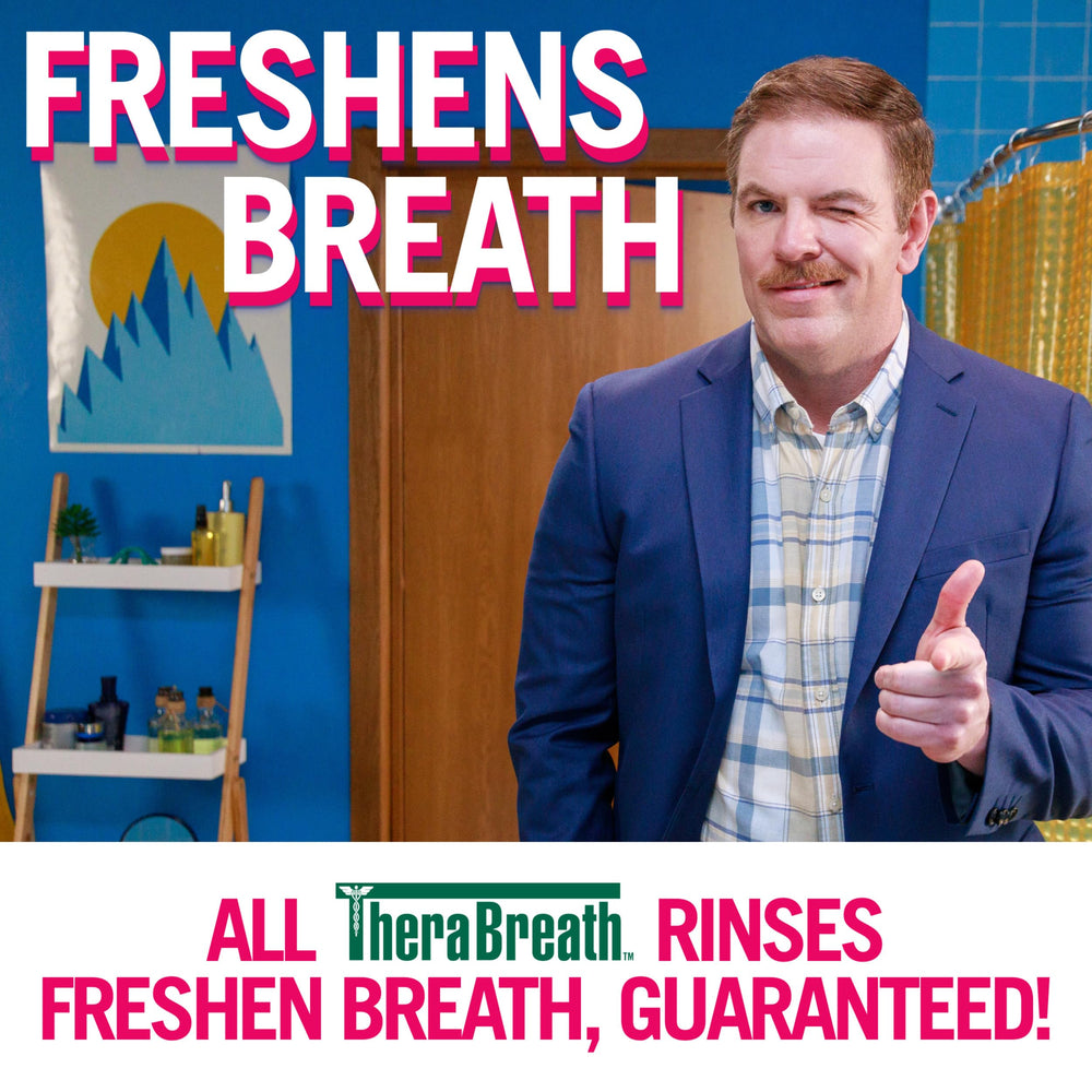 Morning bathroom routine with TheraBreath for fresher breath and confidence