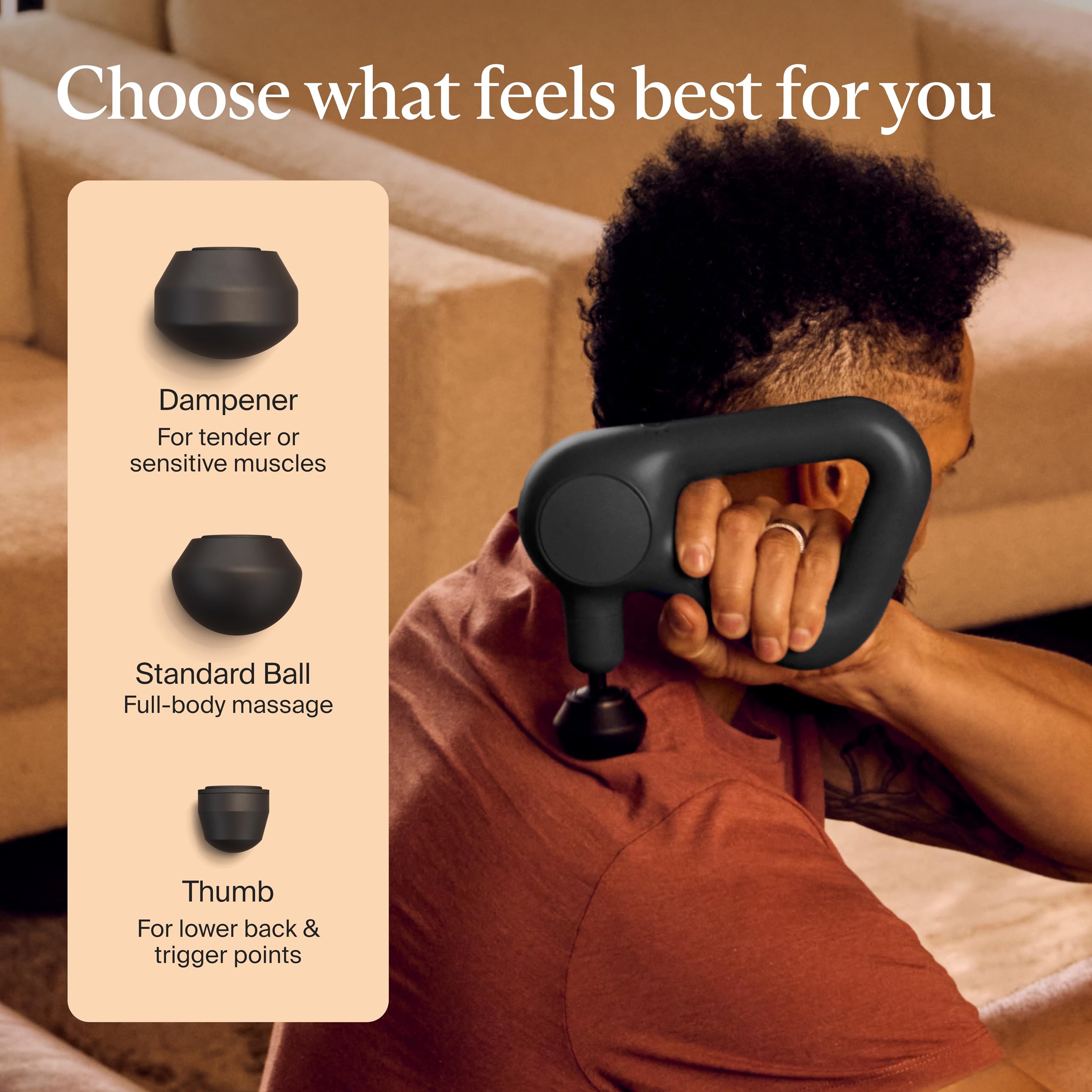 TheraGun Relief held in hand showing lightweight control for independent use