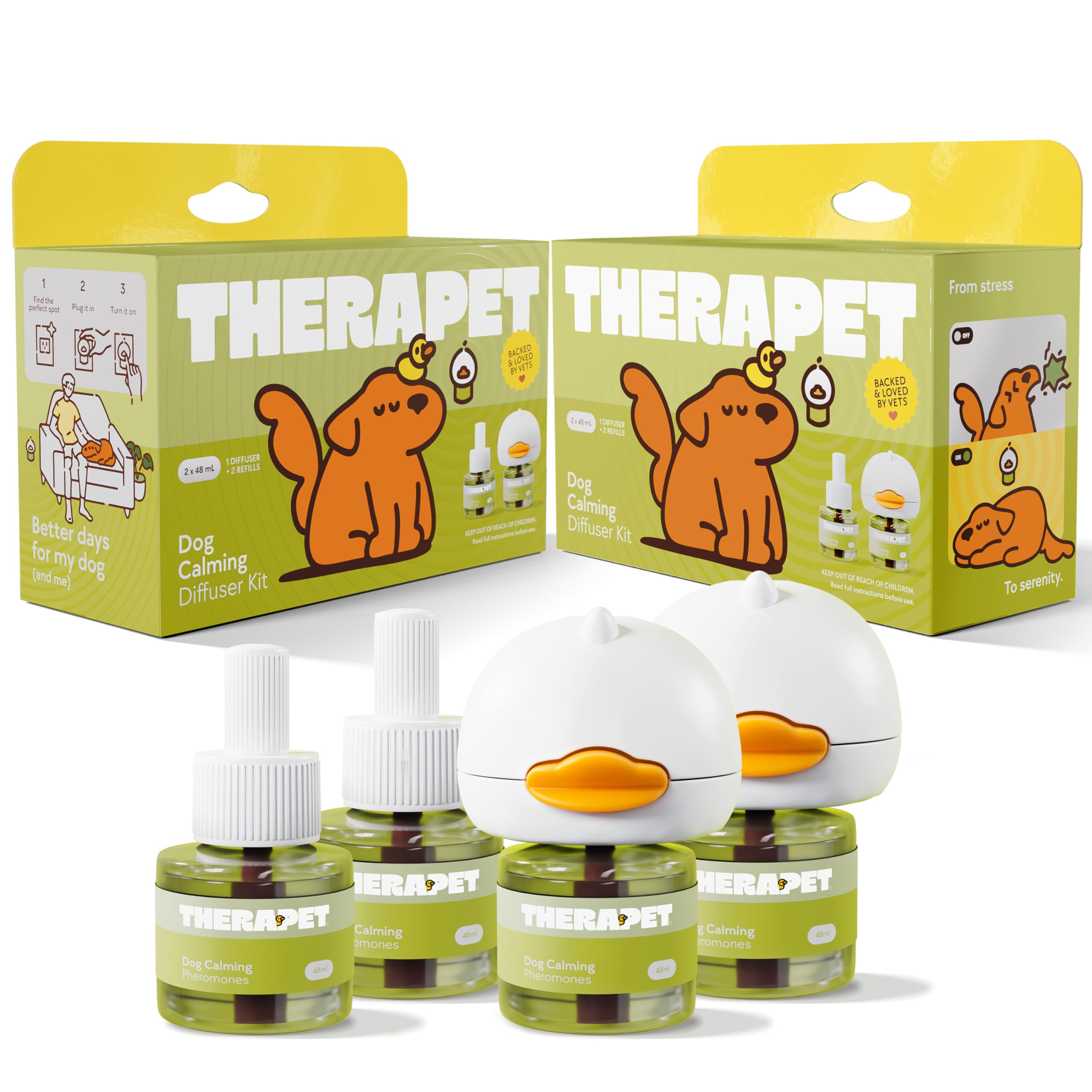 TheraPetMD front packaging showing two diffuser kits and benefits