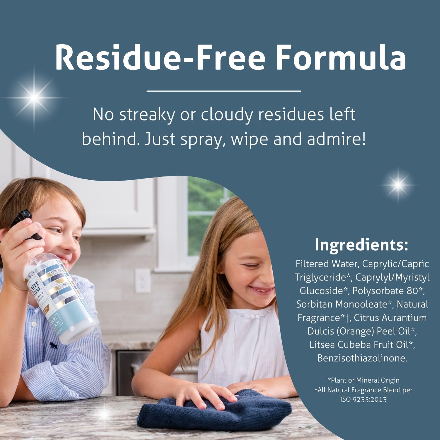 Therapy in-use on granite countertop demonstrating grease removal benefit