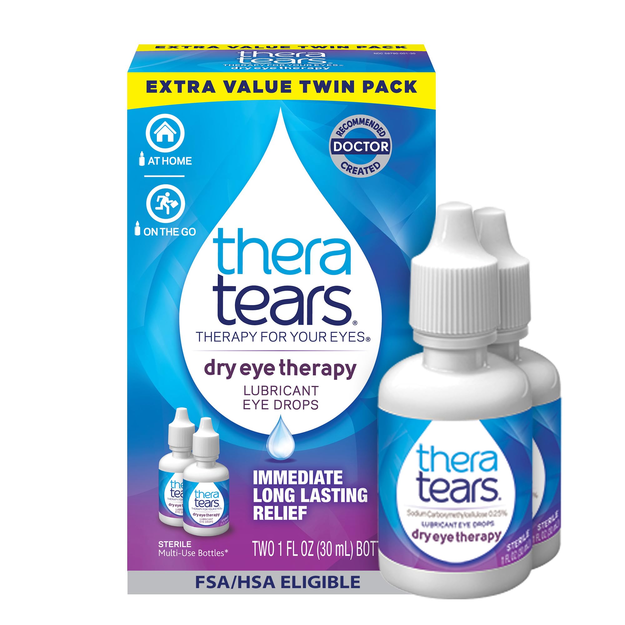 TheraTears front packaging showing two 1 fl oz bottles and quick recognition benefit