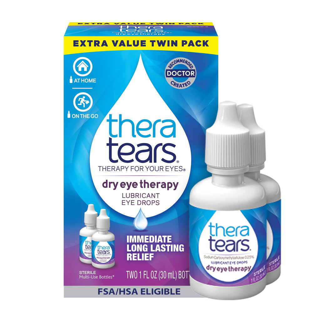 TheraTears front packaging showing two 1 fl oz bottles and quick recognition benefit