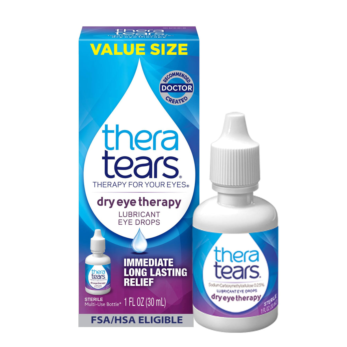 TheraTears front packaging showing 1 fl oz bottle and quick relief benefit