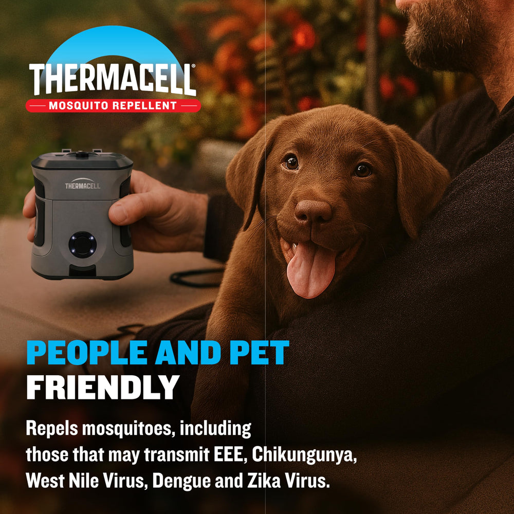 Thermacell attached to backpack with carabiner showing hands-free portability for travel