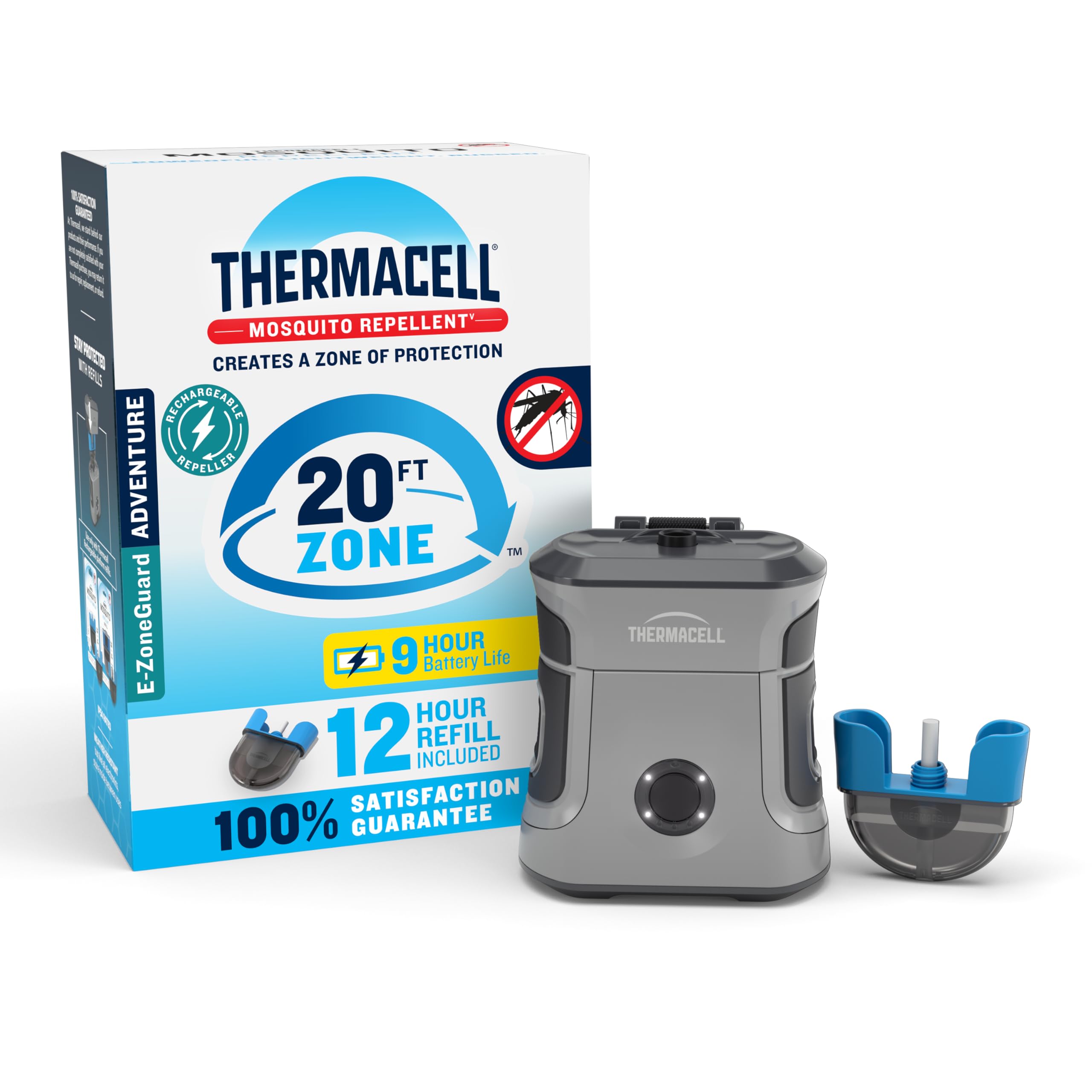 Thermacell front view showing compact repeller and easy button operation for quick protection
