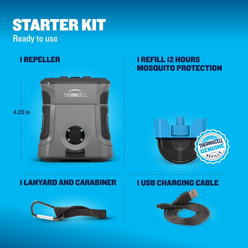 Thermacell with refill cartridge and packaging showing included starter repellent convenience