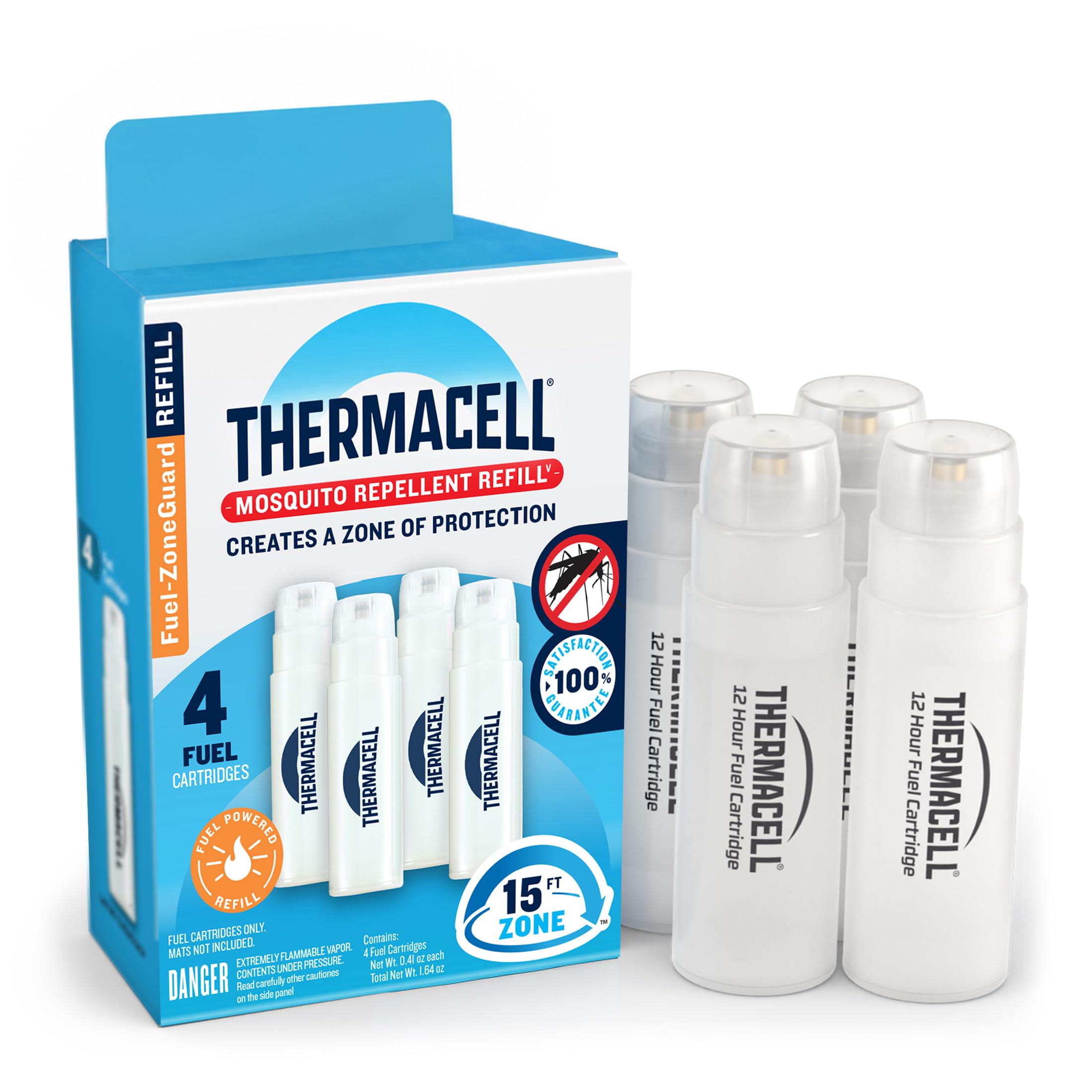 Thermacell front packaging showing fuel refills and model compatibility, ensures reliable outdoor use