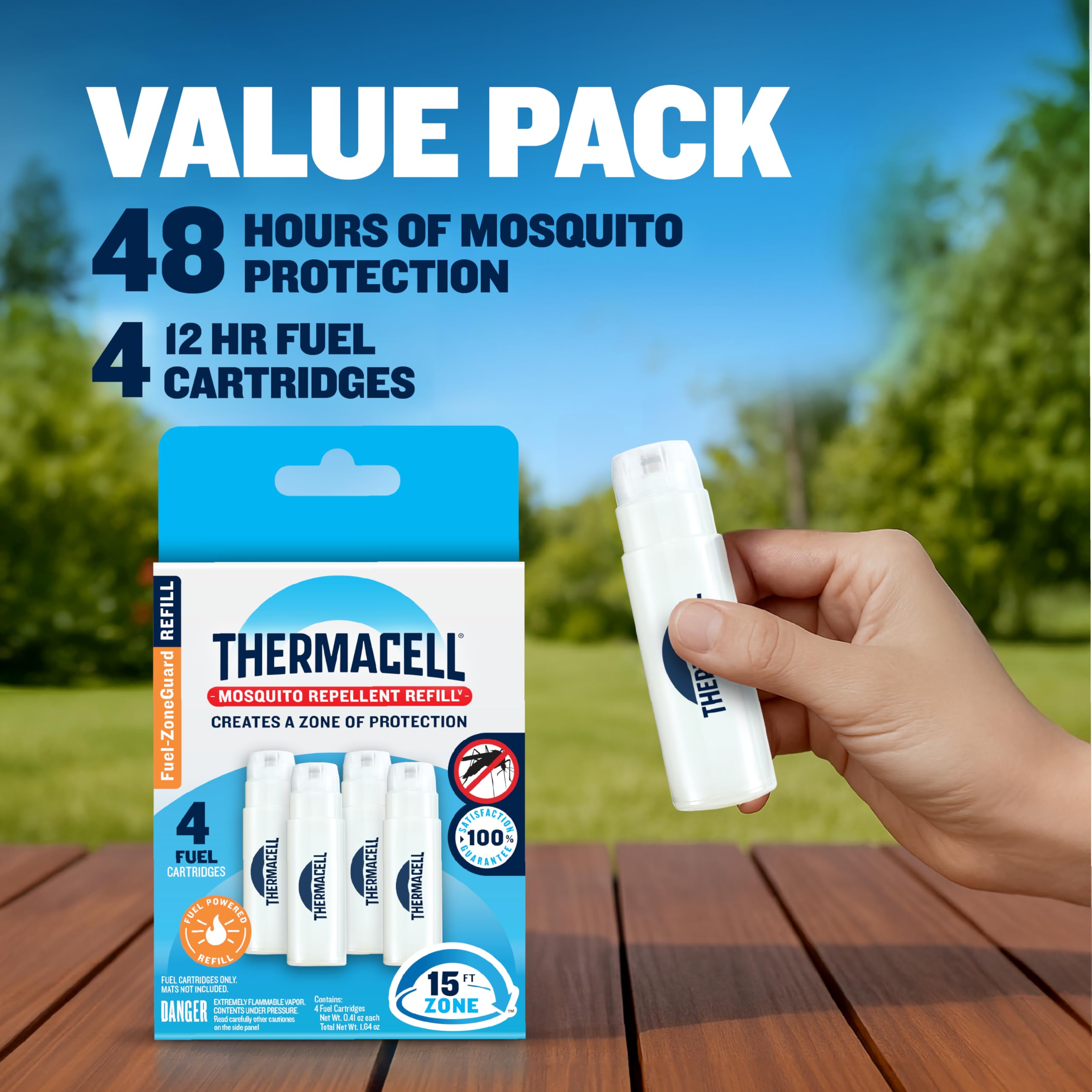 Thermacell product label closeup showing compatibility info, reassures genuine refill performance