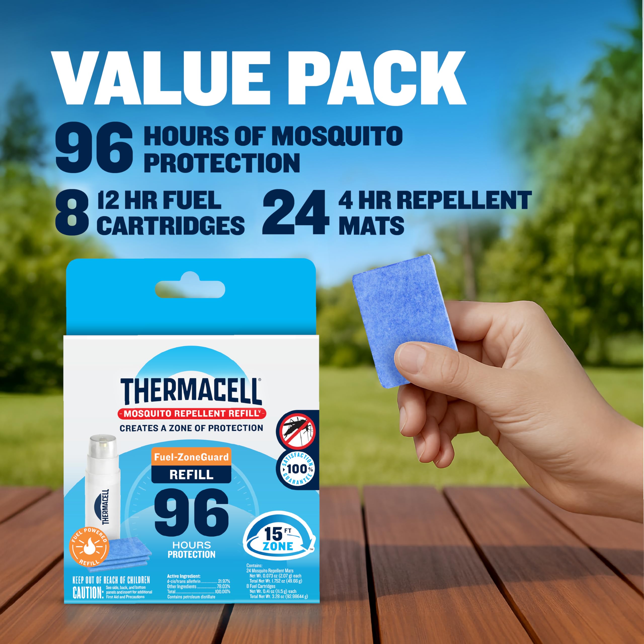 Thermacell packaging label showing product compatibility and instructions