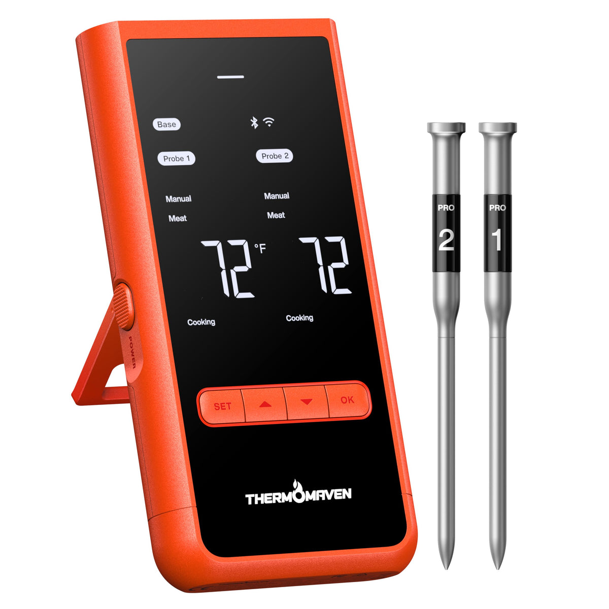 ThermoMaven front view with smart base and two probes showing clear controls and convenience