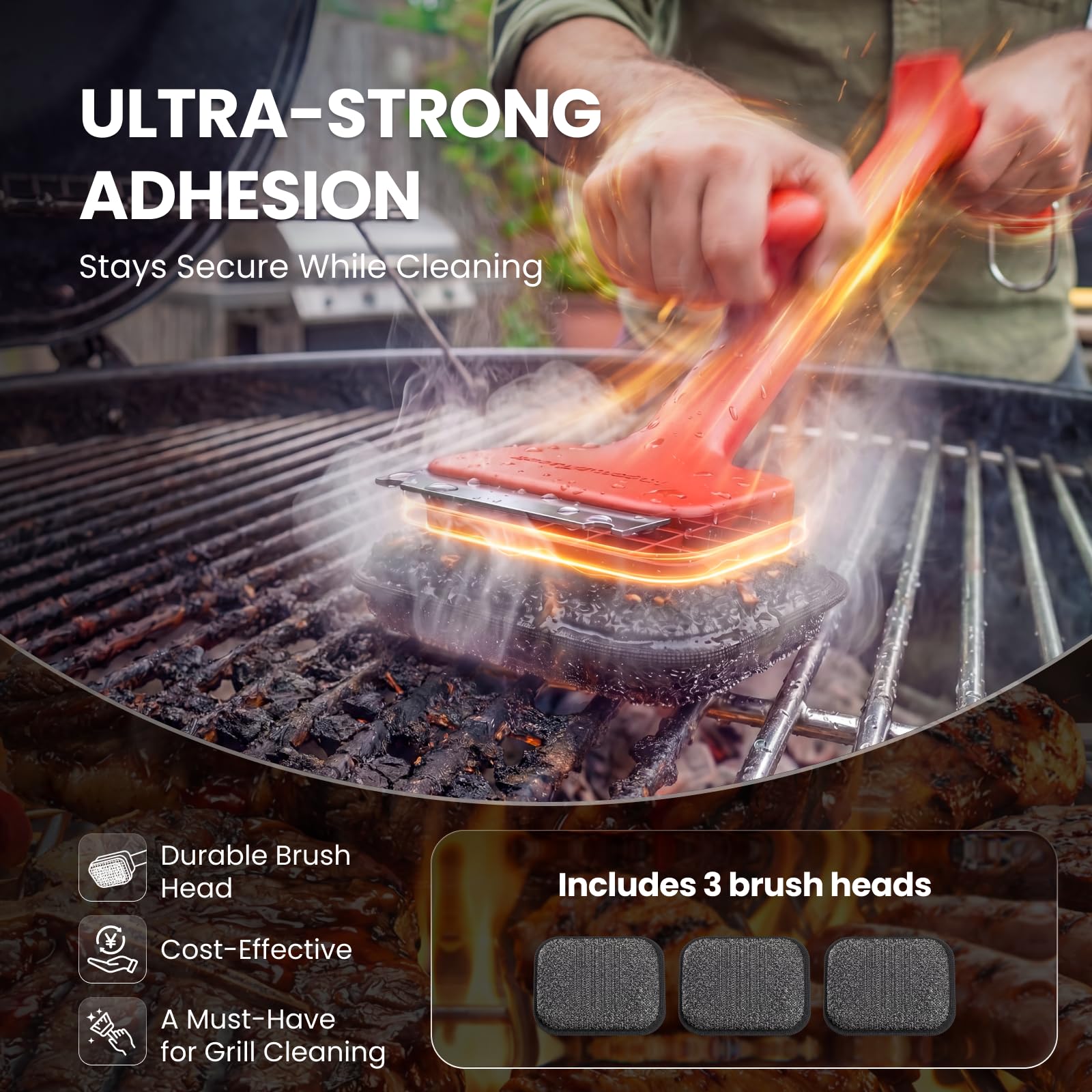 ThermoMaven brushing hot charcoal grill grate showing steam-assisted grease removal